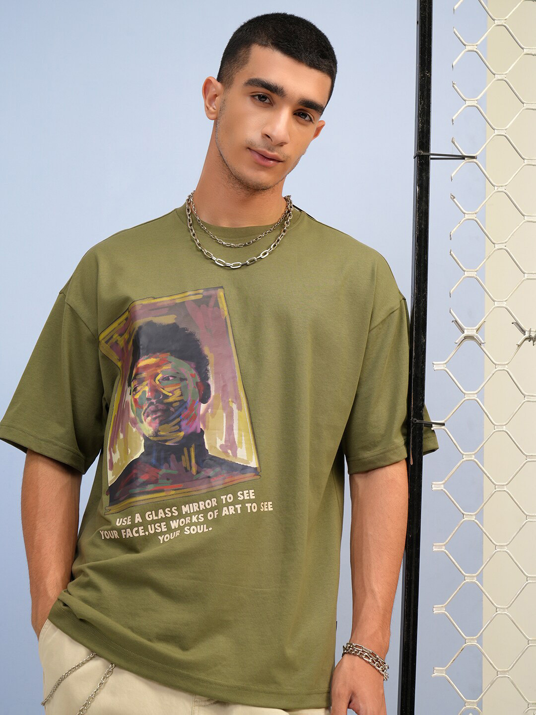 

HIGHLANDER Round Neck Half Drop-Shoulder Sleeves Oversize T-Shirt, Olive