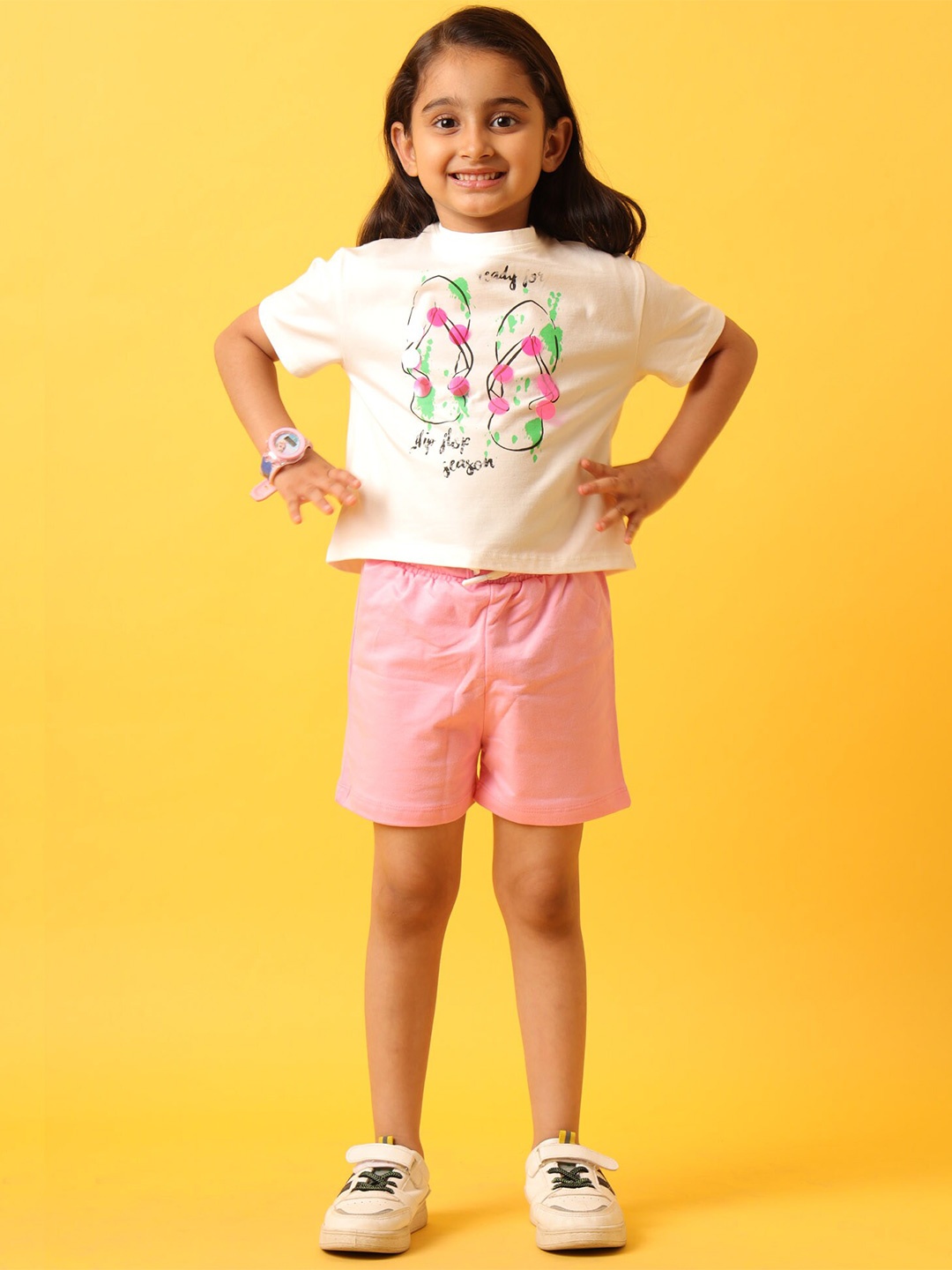 

Anthrilo Girls Graphic Printed Round Neck short Sleeves Clothing Set, Pink