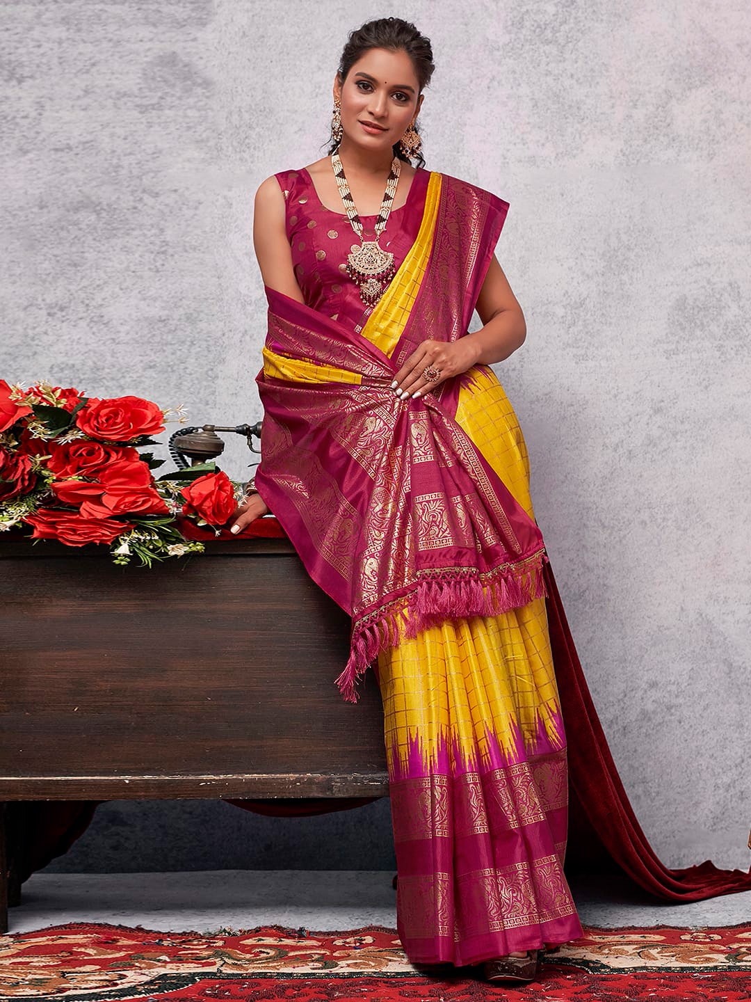 

Mitera Yellow Checked Zari Saree