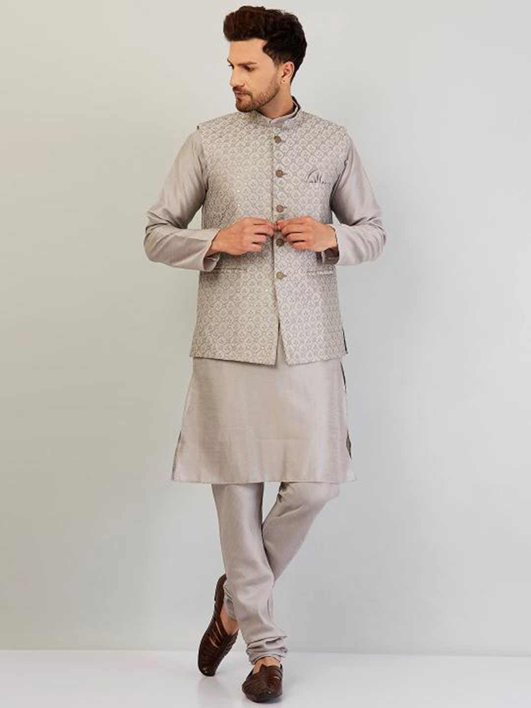 

Armaan Ethnic Regular Dupion Silk Kurta with Churidar, Grey