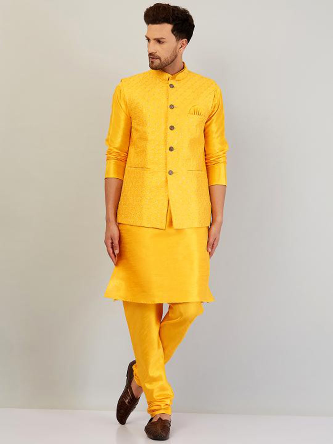 

Armaan Ethnic Regular Dupion Silk Kurta with Churidar, Yellow