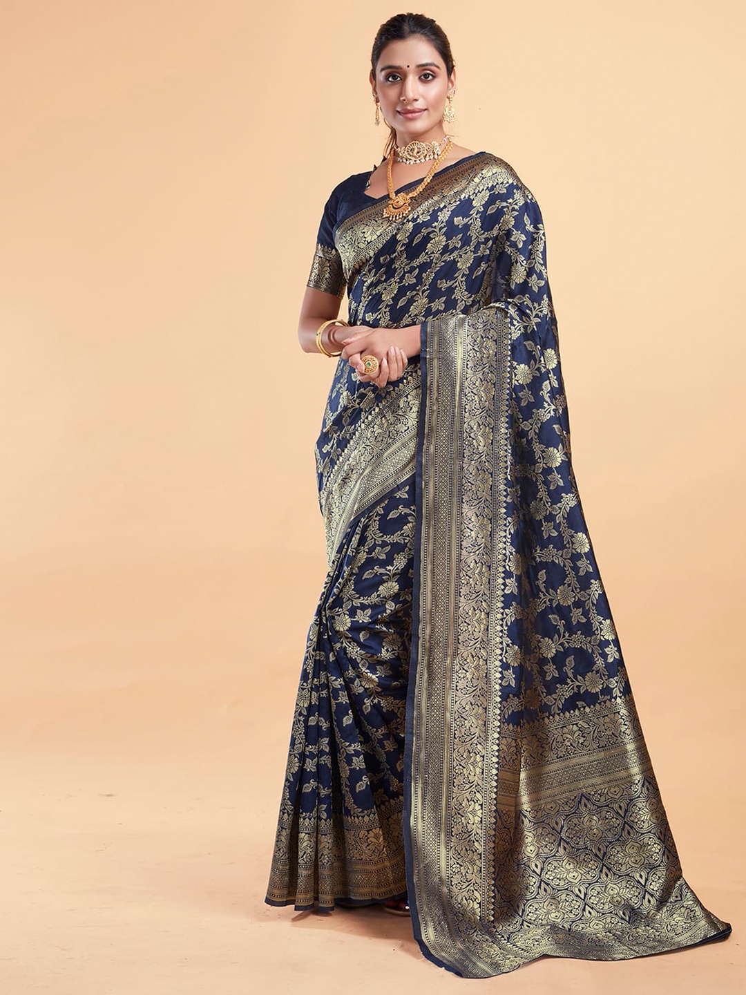 

KALINI Floral Woven Design Zari Banarasi Saree, Navy blue