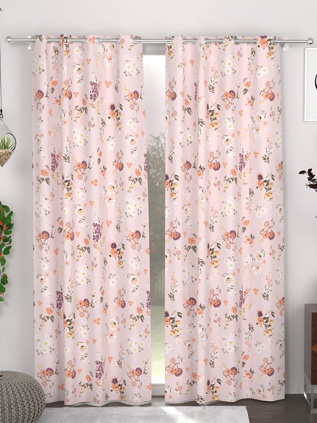 

CHHAVI INDIA Peach-Coloured & White 2 Pieces Floral Printed Eyelet Door Curtains
