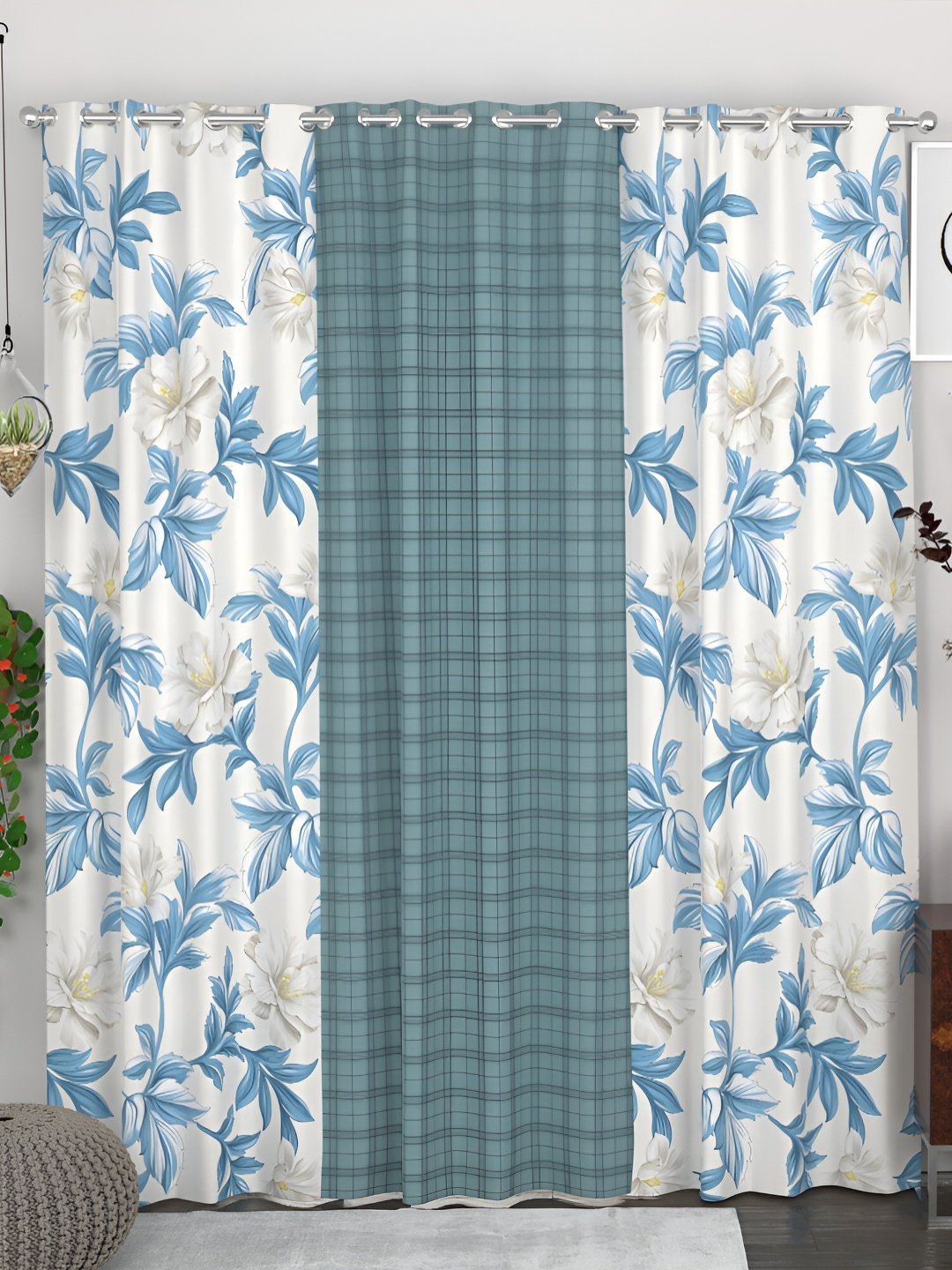 

CHHAVI INDIA Blue & White 3 Pieces Floral Printed Eyelet Door Curtains