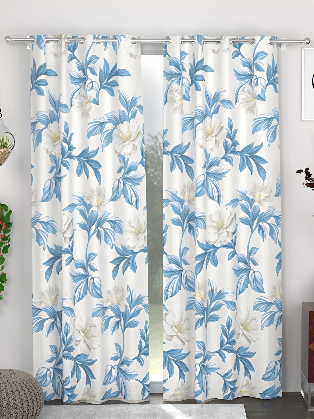 

CHHAVI INDIA Blue & White 2 Pieces Floral Printed Eyelet Door Curtains