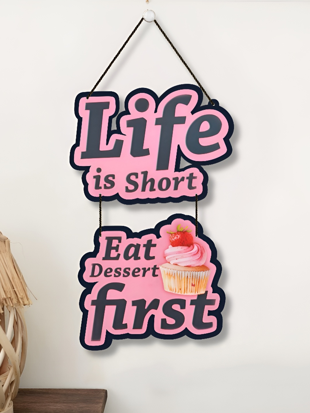 Home Delight Pink & Black Typography Detailed Wooden Wall Hanging Decor