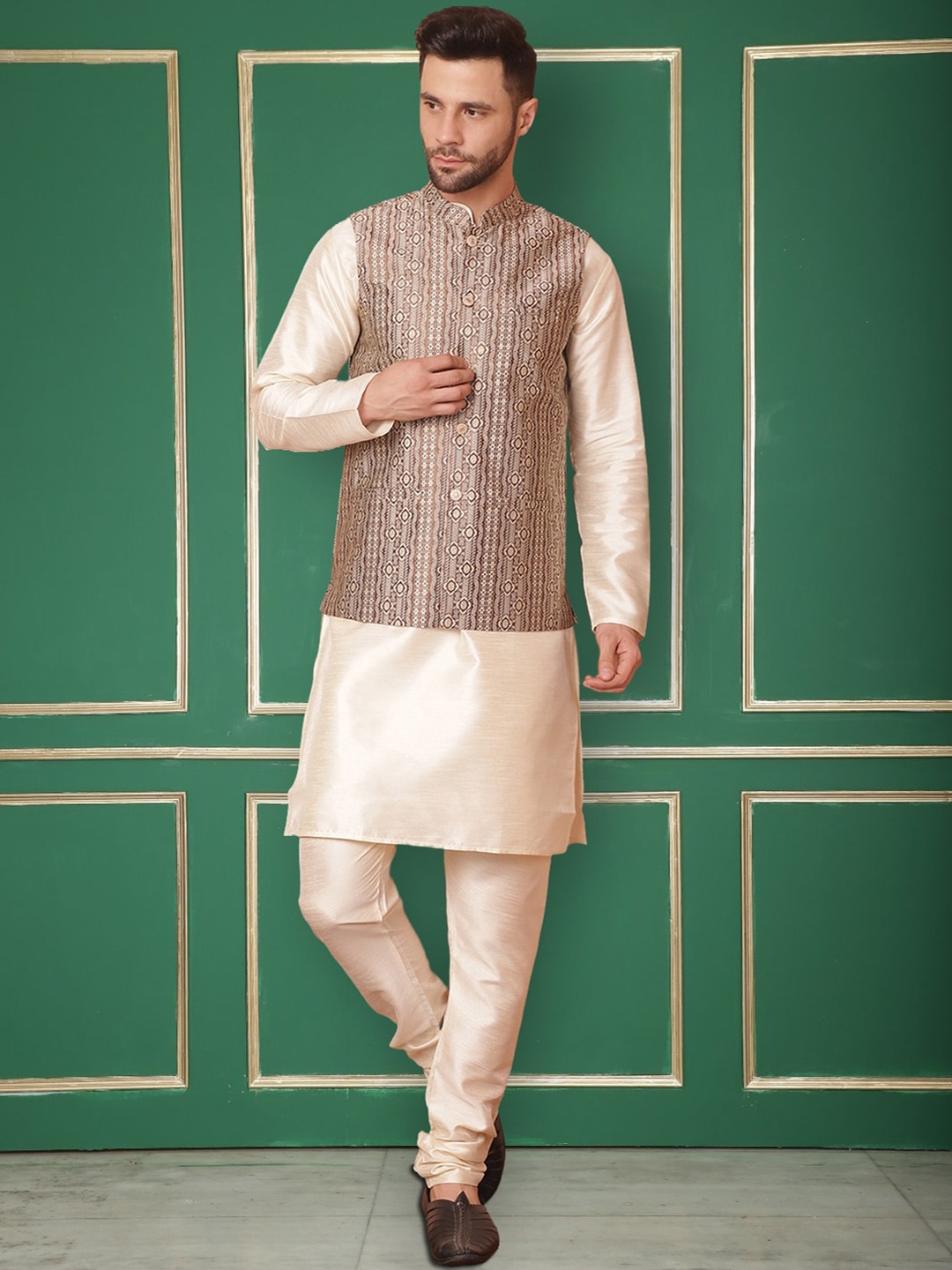 

Jompers Woven Design Mandarin Collar Kurta with Pyjamas with Nehru Jacket, Beige