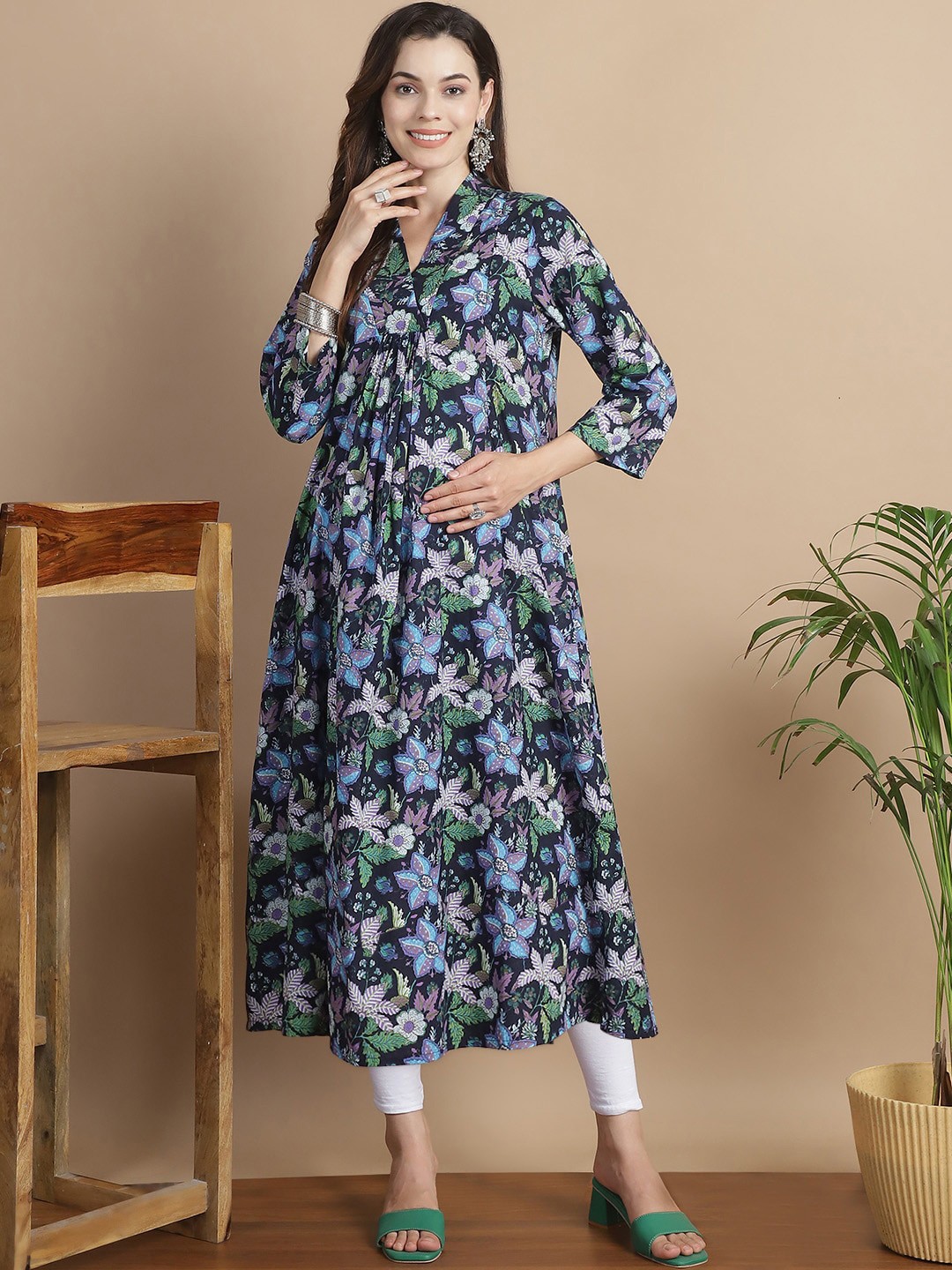 

Secret Wish Floral Printed Cotton Pleated A-Line Maternity Kurta, Navy blue