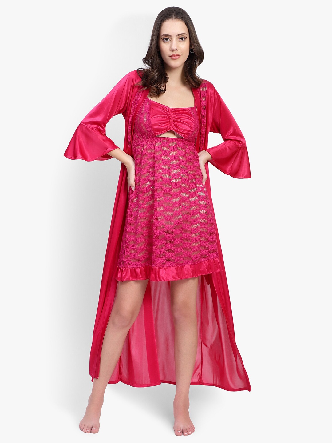 

BRACHY Self Design Satin Baby Doll With Robe, Magenta