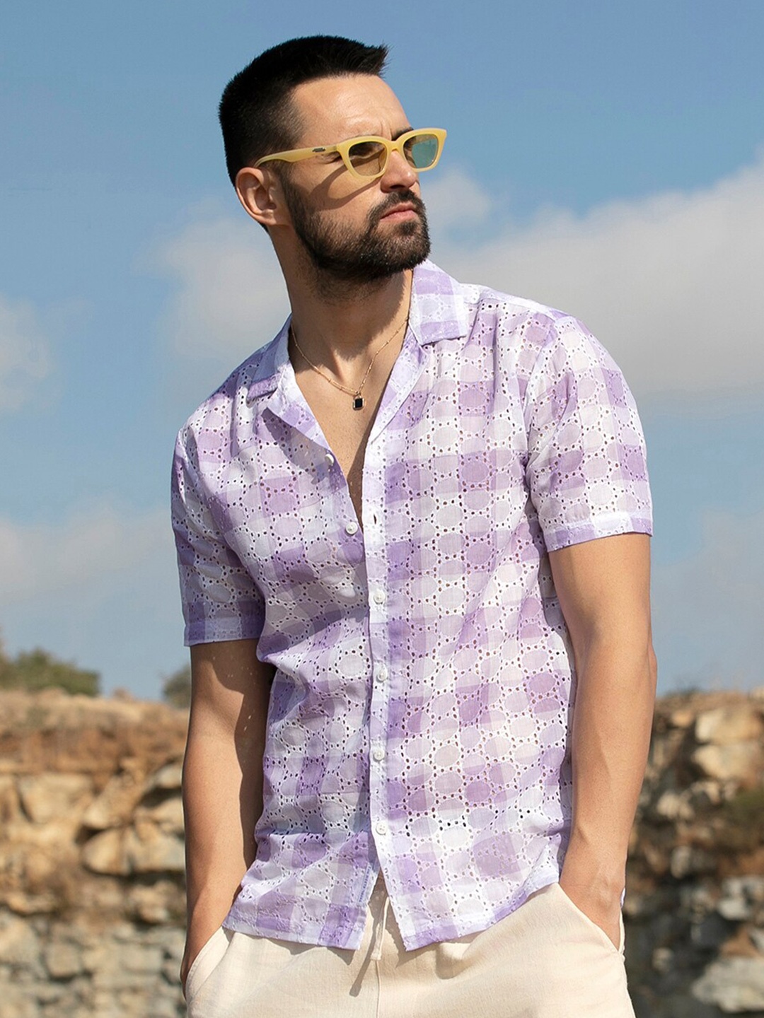 

Campus Sutra Classic Checked Cuban Collar Shirt, White