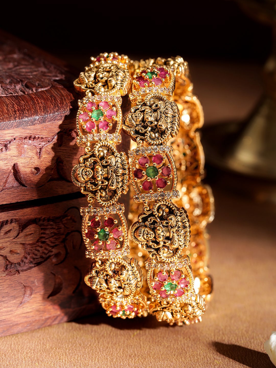 

Rubans Set Of 2 22KT Gold-Plated Stone-Studded Goddess Lakshmi Motif Bangles