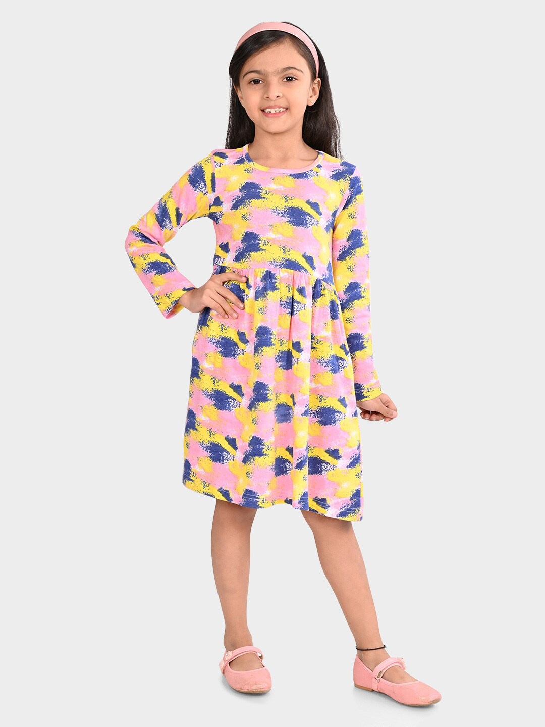 

BONKIDS Girls Abstract Printed Flared Round Neck Cotton Fit & Flare Dress, Pink