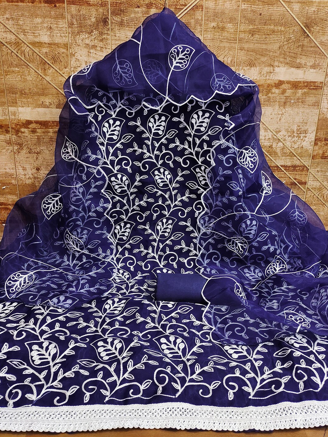 

Lilots Floral Embroidered Organza Unstitched Dress Material, Blue