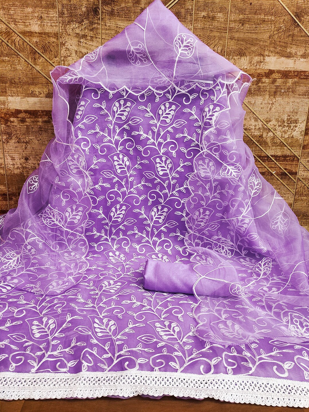 

Lilots Floral Embroidered Sequinned Organza Unstitched Dress Material, Purple