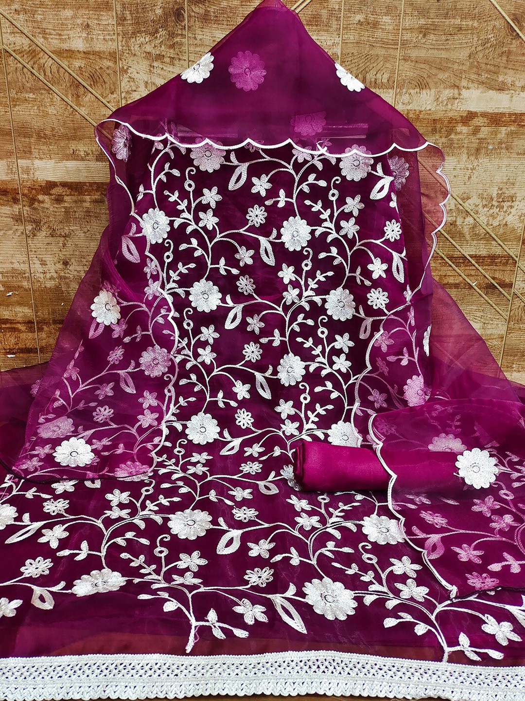 

Lilots Floral Embroidered Organza Unstitched Dress Material, Magenta