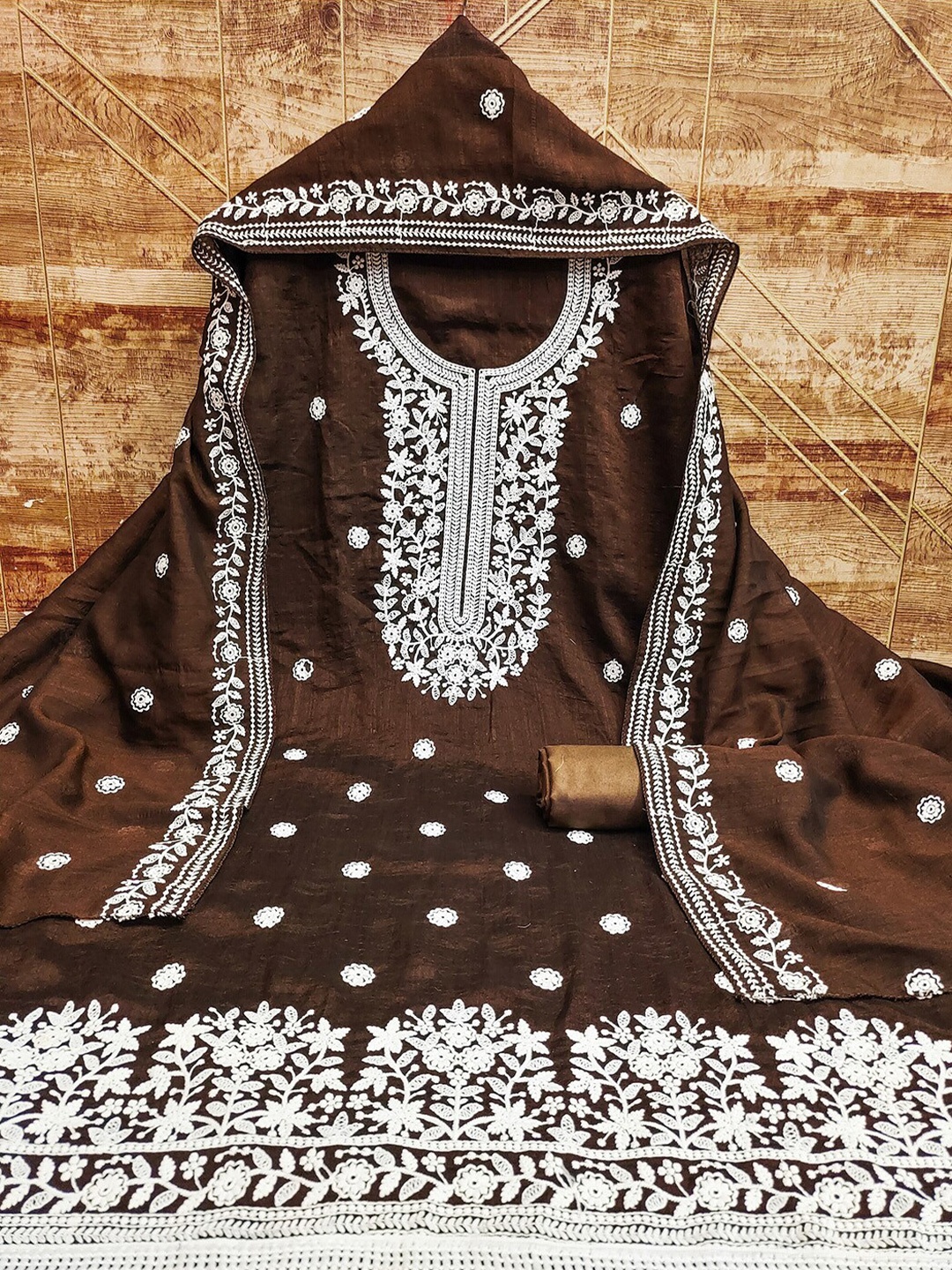 

Lilots Floral Embroidered Sequinned Unstitched Dress Material, Coffee brown
