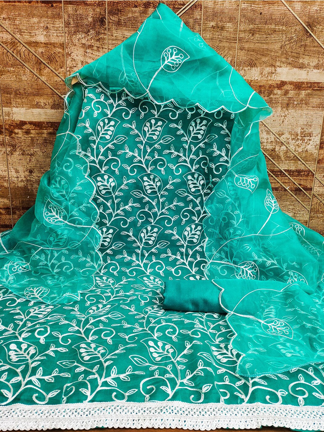 

Lilots Floral Embroidered Organza Unstitched Dress Material, Teal