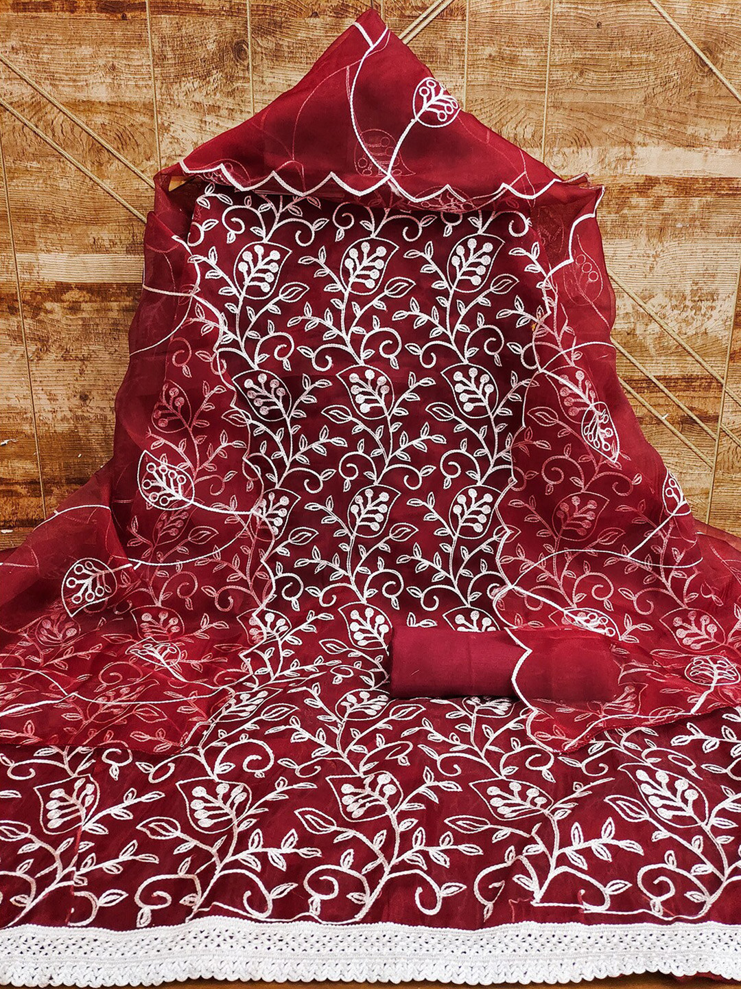 

Lilots Floral Embroidered Sequinned Organza Unstitched Dress Material, Red