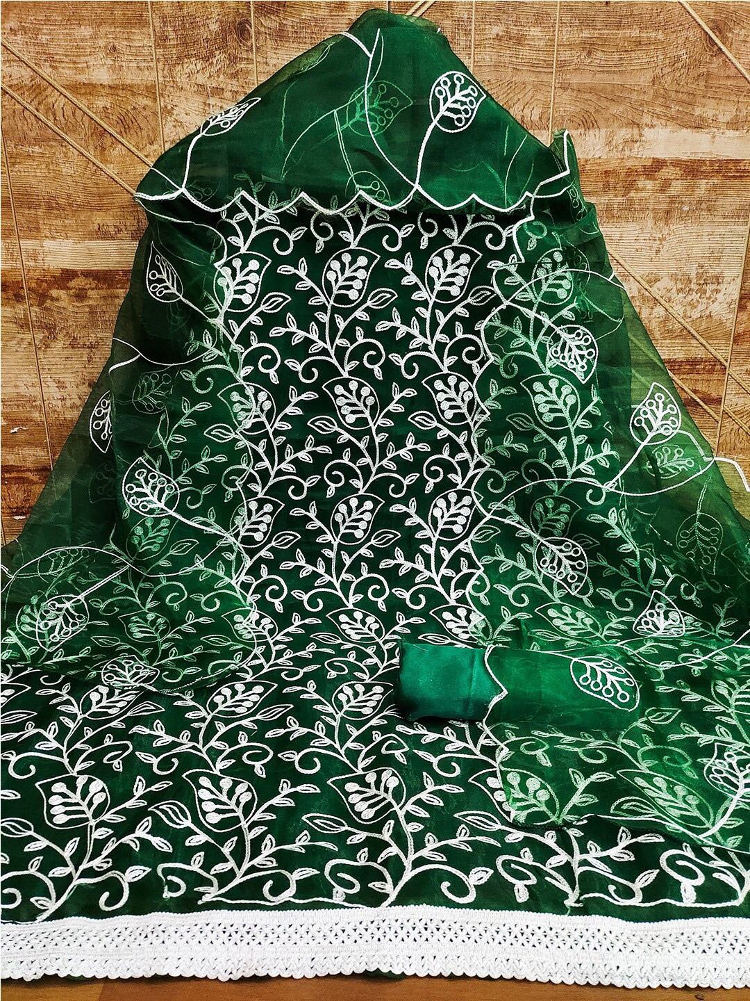 

Lilots Floral Embroidered Sequinned Organza Unstitched Dress Material, Green