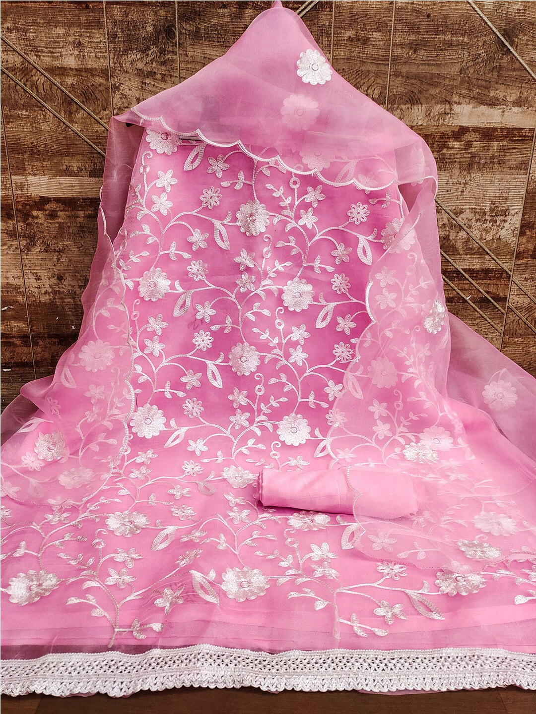 

Lilots Floral Embroidered Organza Unstitched Dress Material, Pink