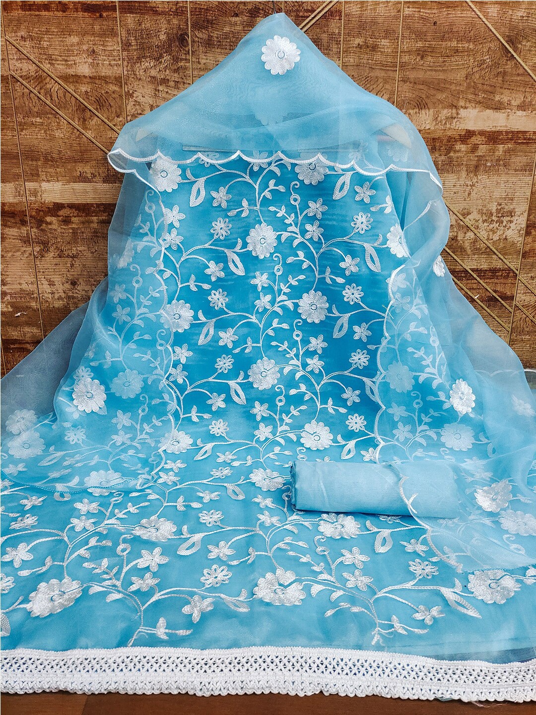 

Lilots Floral Embroidered Organza Unstitched Dress Material, Blue