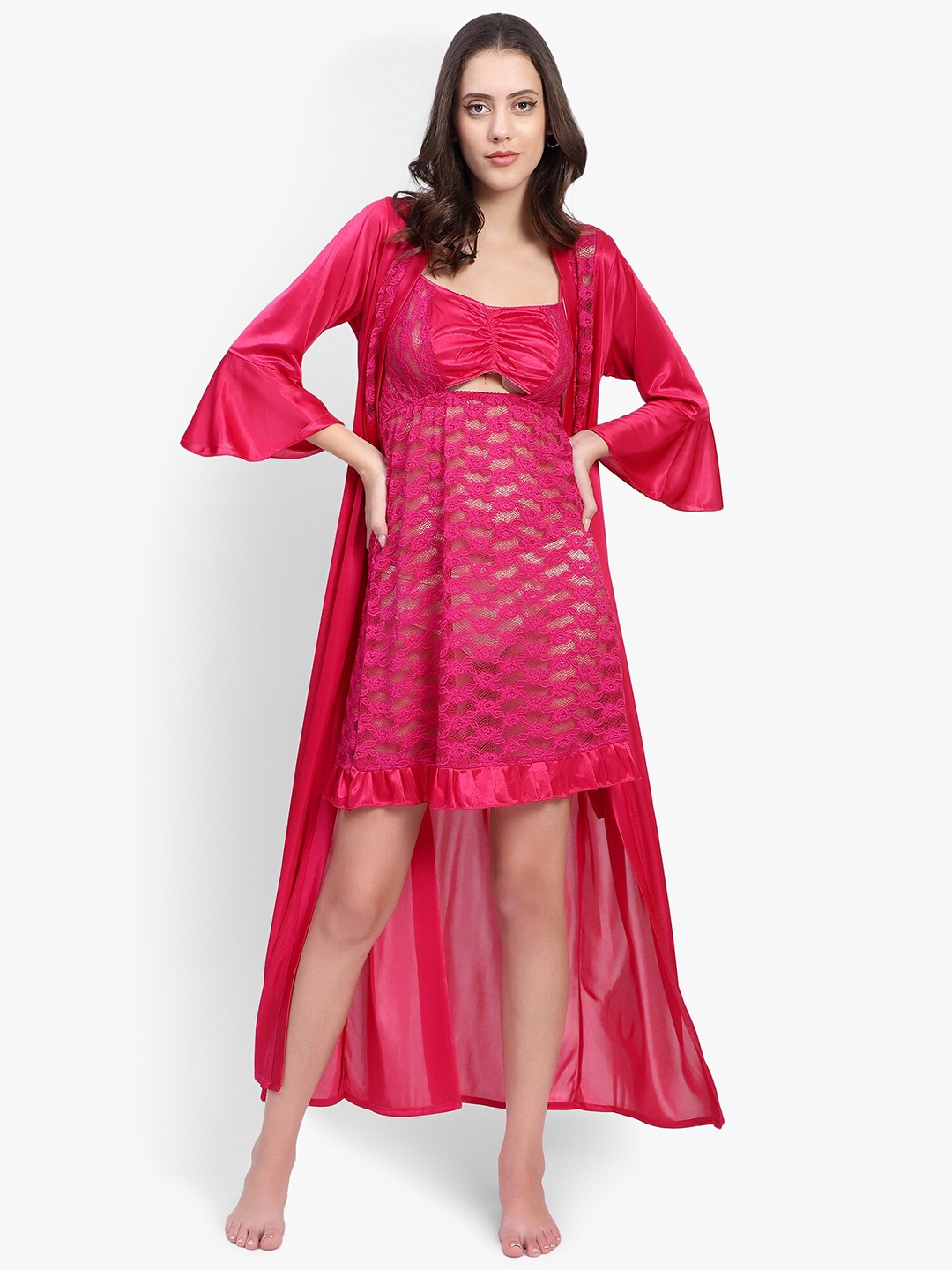 

BRACHY Self Design Satin Baby Doll With Robe, Magenta