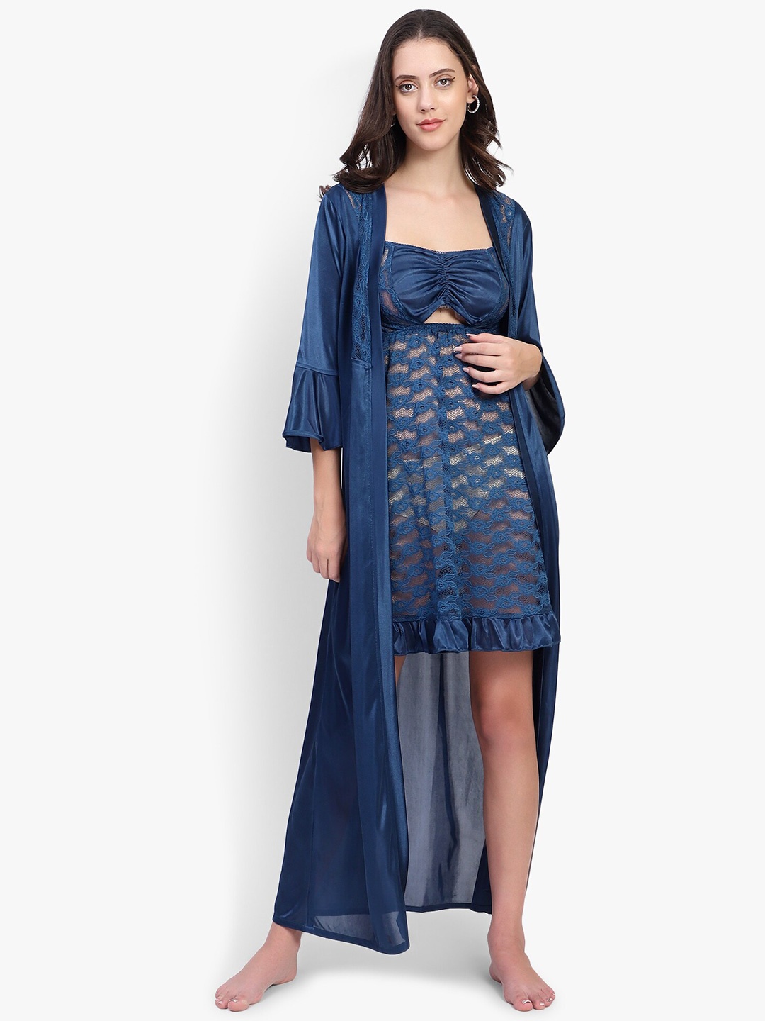 

BRACHY Self Design Satin Baby Doll With Robe, Blue