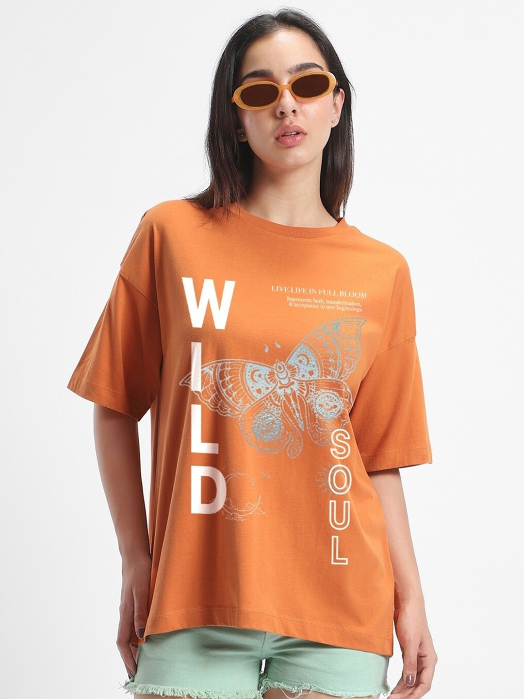 

Bewakoof Orange Wild Soul Graphic Printed Drop-Shoulder Sleeves Oversized Cotton T-shirt