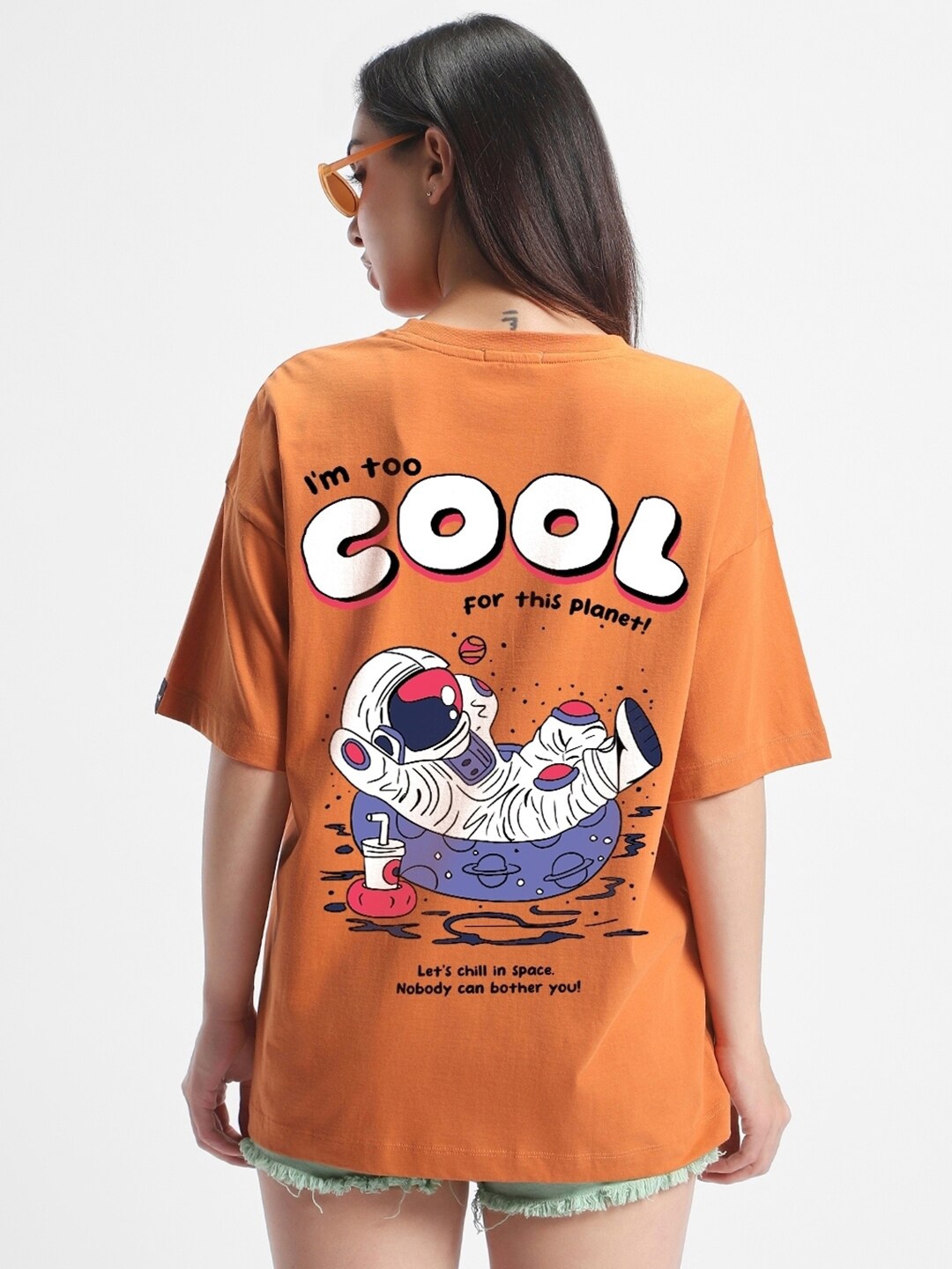 

Bewakoof Orange Too Cool Graphic Printed Drop-Shoulder Sleeves Oversized Cotton T-shirt