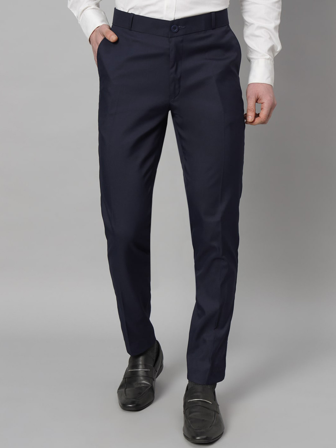

RAGZO Men Slim Fit Mid-Rise Formal Trousers, Navy blue