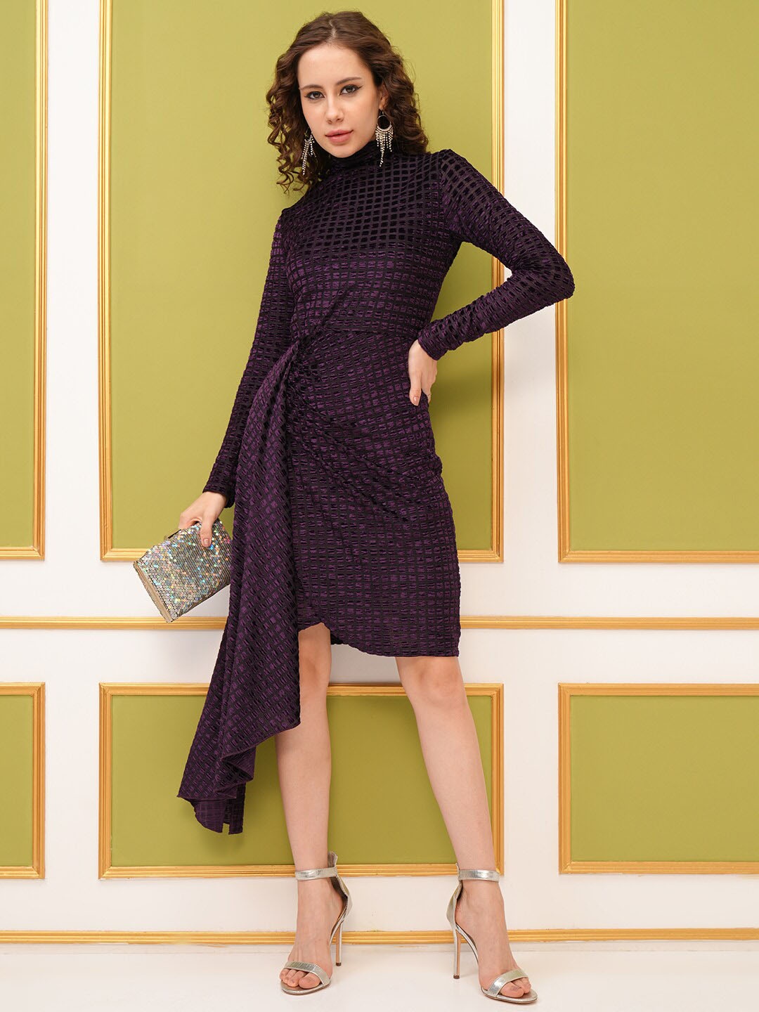 

Tokyo Talkies Velvet Mock Neck Sheath Knee Length Dress, Purple