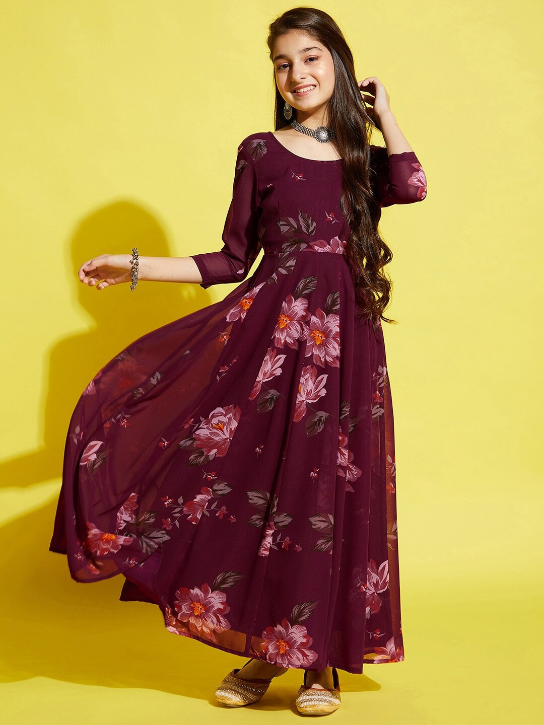 

Cherry & Jerry Girls Floral Printed Flared Round Neck Georgette Maxi Dress, Burgundy