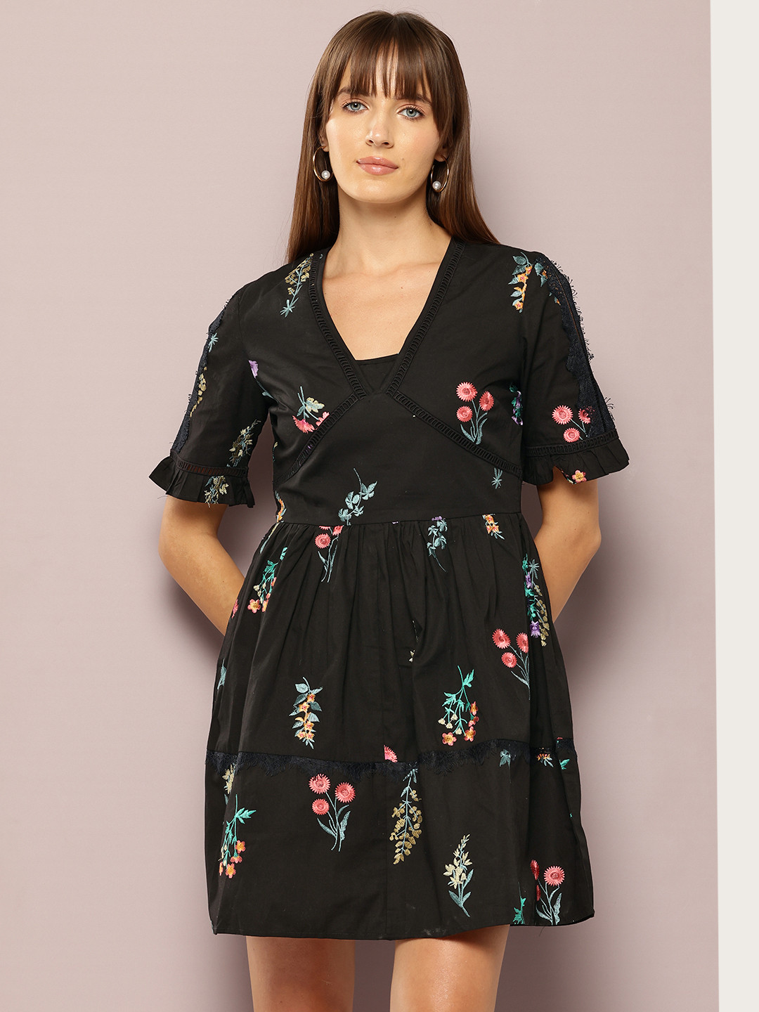 

aaliya Floral Embroidered Gathered-Detail A-Line Mini Dress, Black