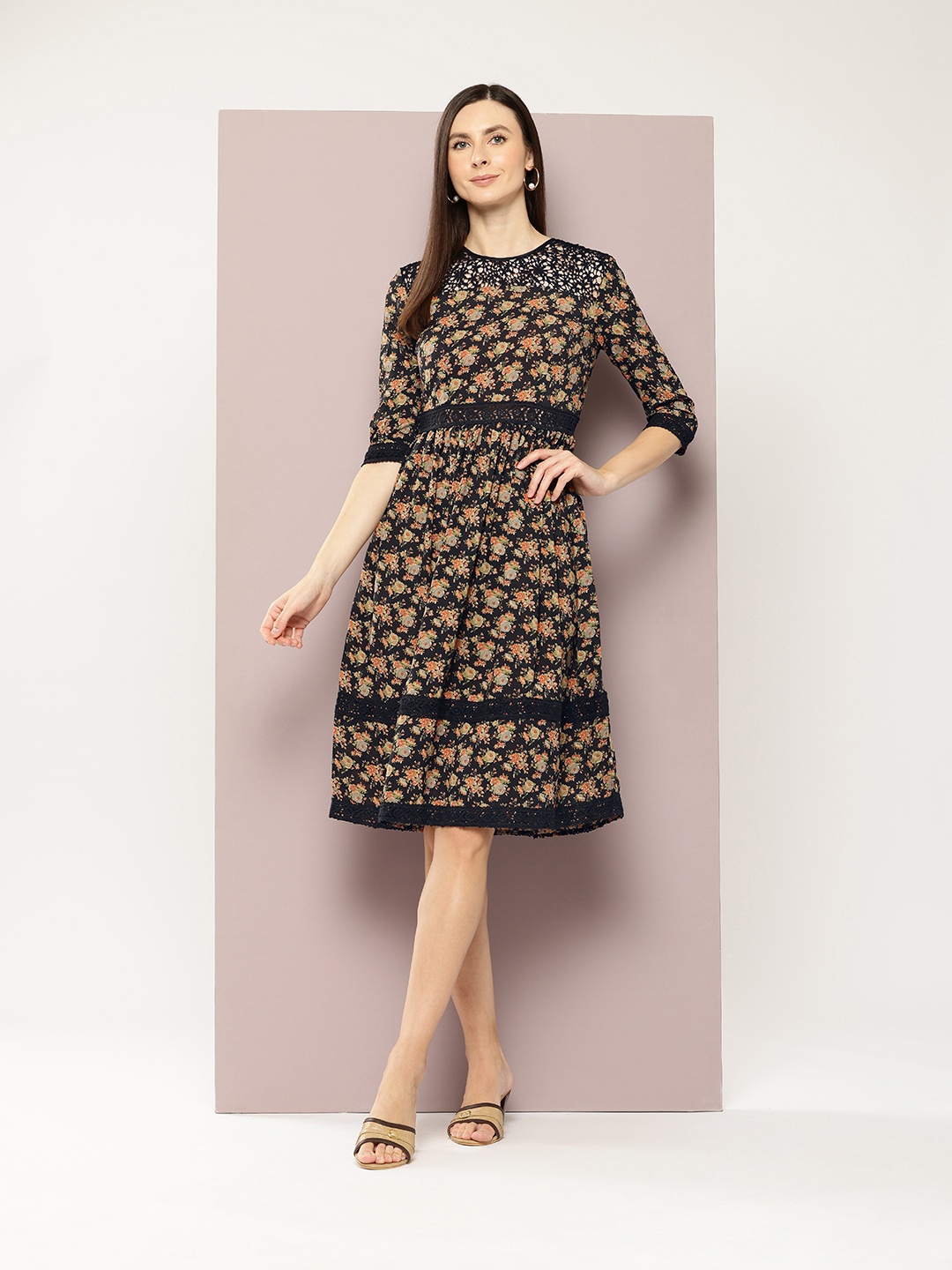

aaliya Floral Print Lace Inserts A-Line Dress, Black
