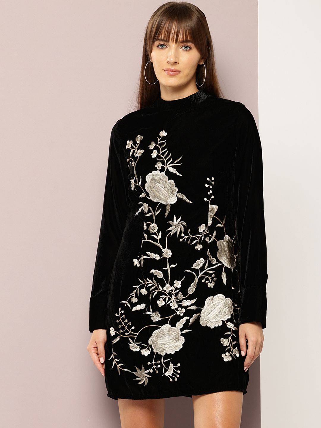 

aaliya Floral Embroidered A-Line Dress, Black