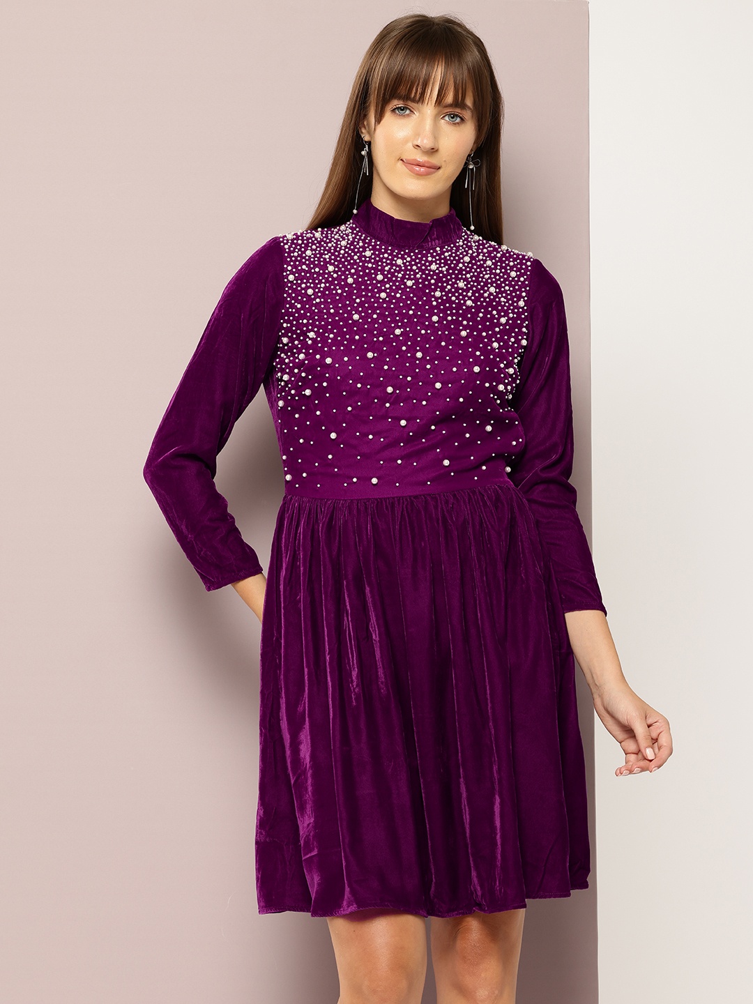 

aaliya Embellished Gathered-Detail A-Line Dress, Purple