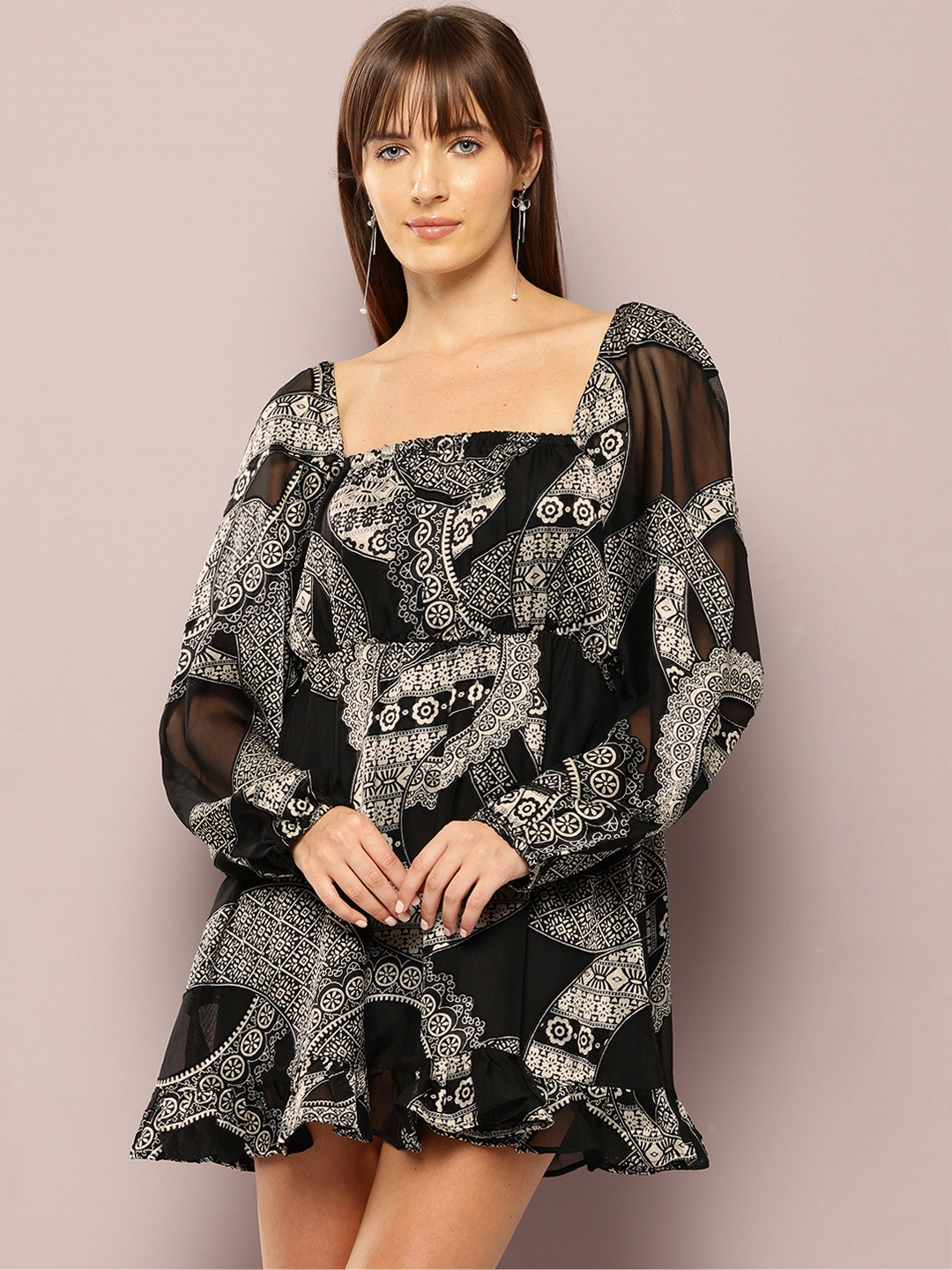 

aaliya Ethnic Motifs Print Bishop Sleeve A-Line Mini Dress, Black