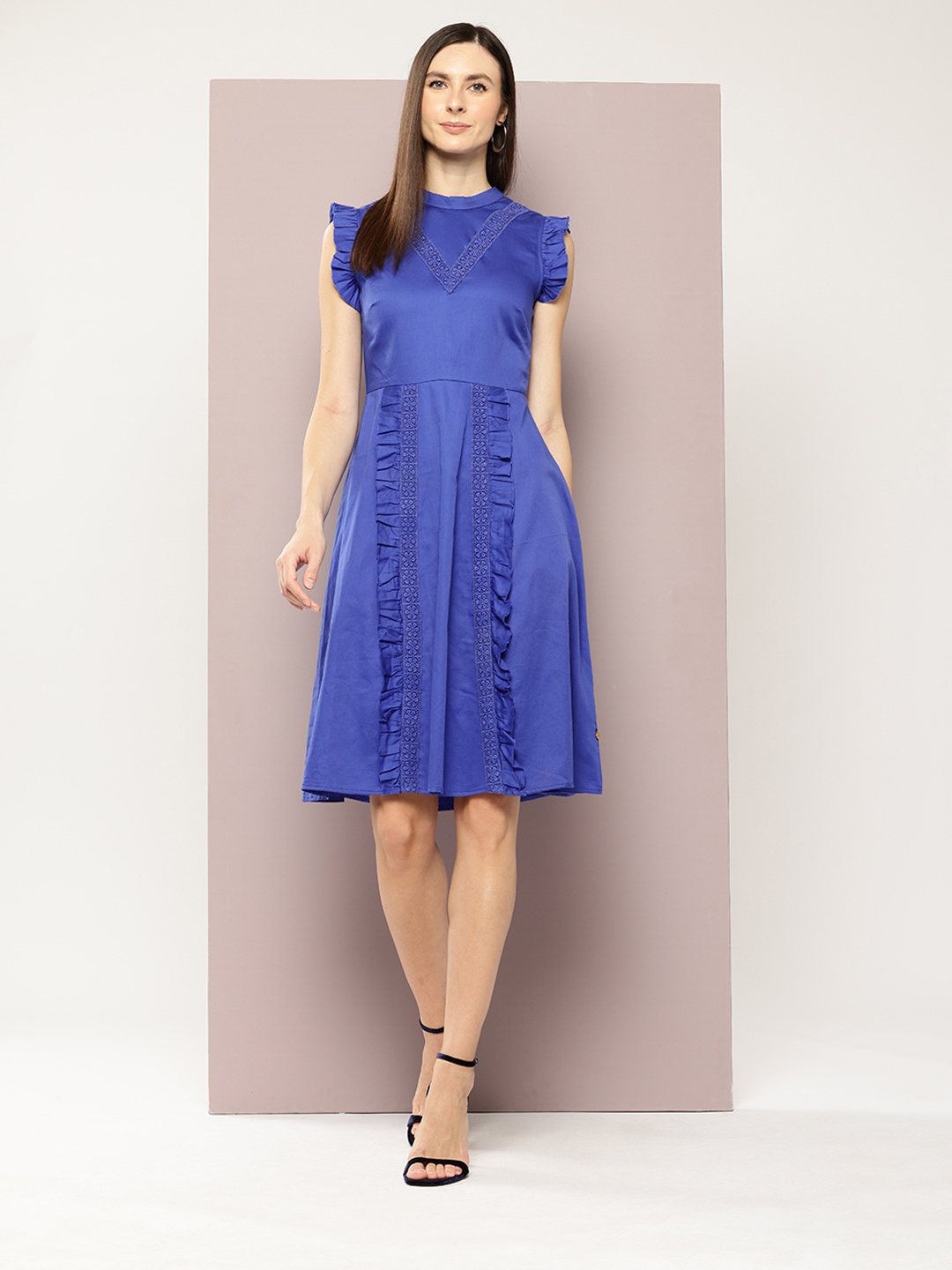 

aaliya Solid Flutter Sleeve Ruffled A-Line Dress, Blue