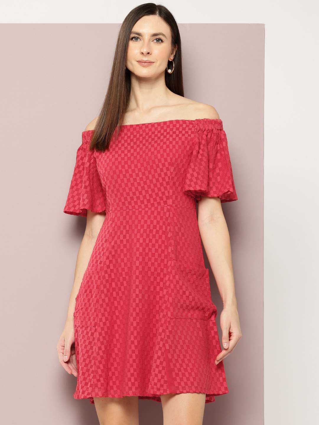 

aaliya Embroidered Off-Shoulder Flared Sleeve A-Line Mini Dress, Red