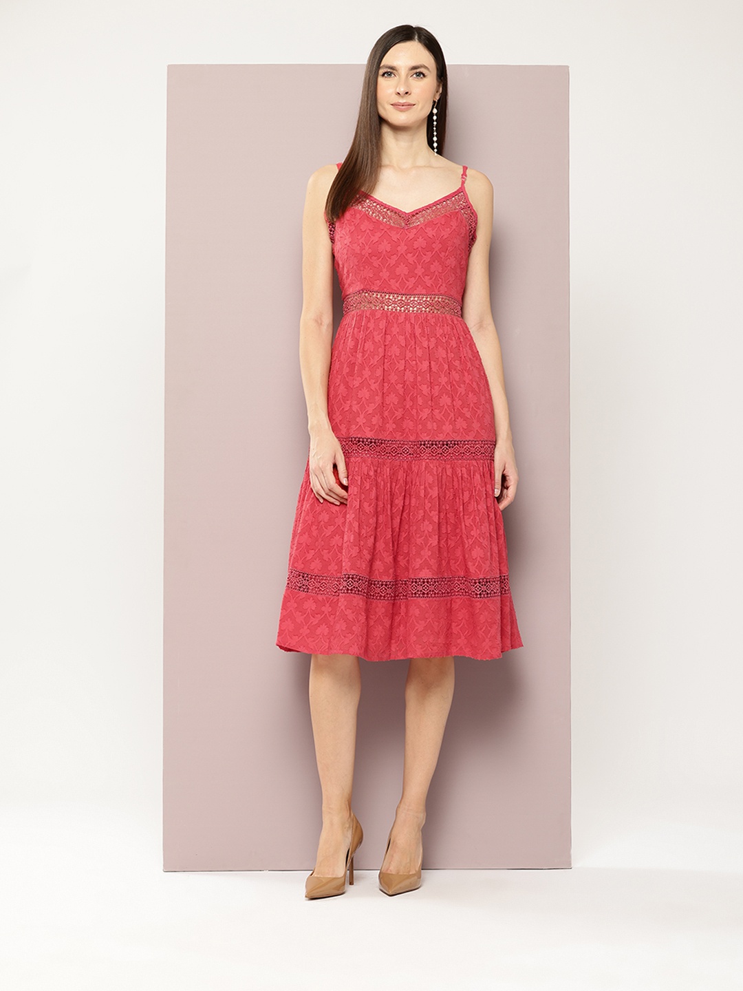 

aaliya Self Design Gathered-Detail A-Line Dress, Red