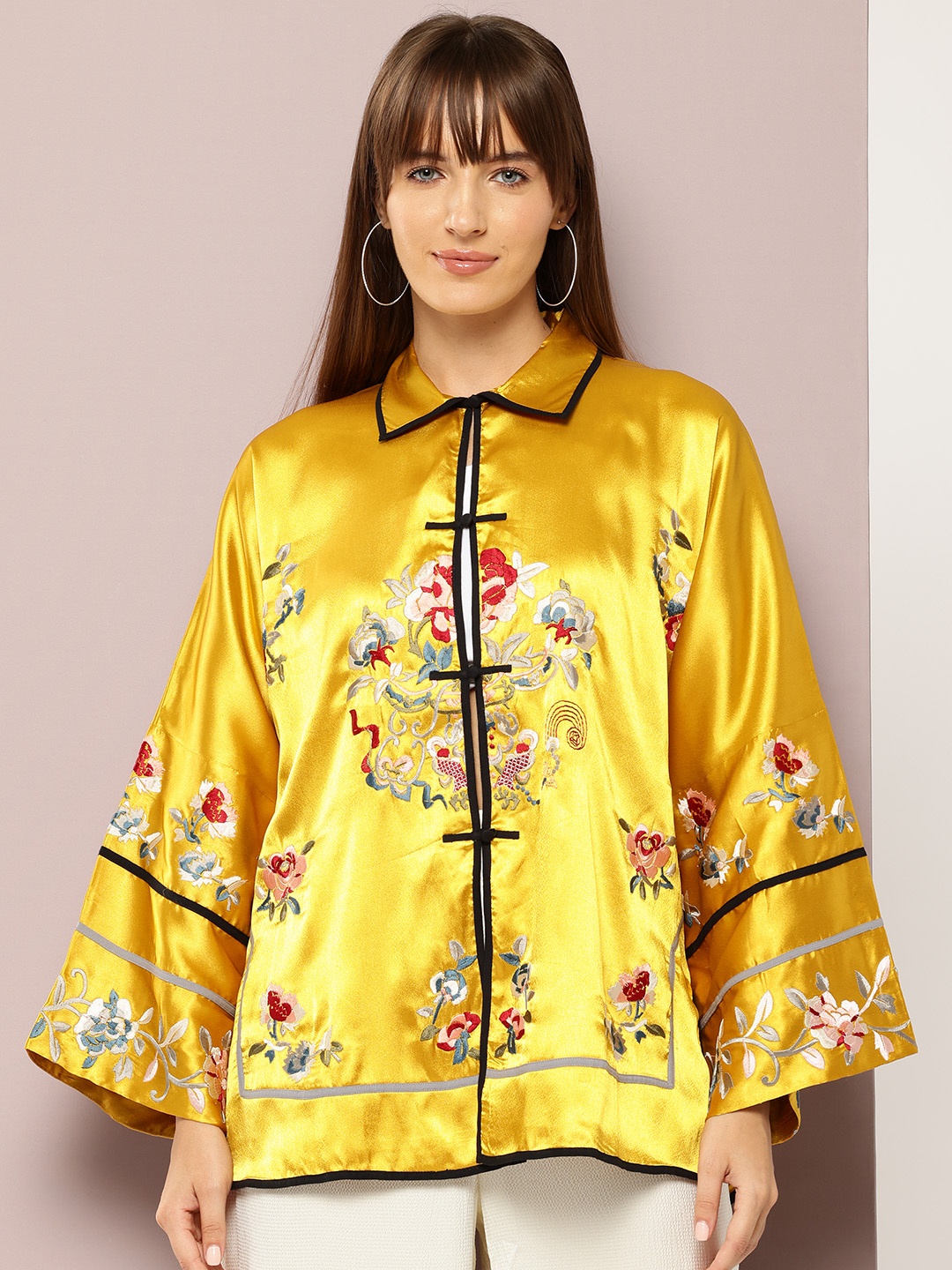 

aaliya Floral Embroidered Lightweight Longline Tailored Jacket, Yellow
