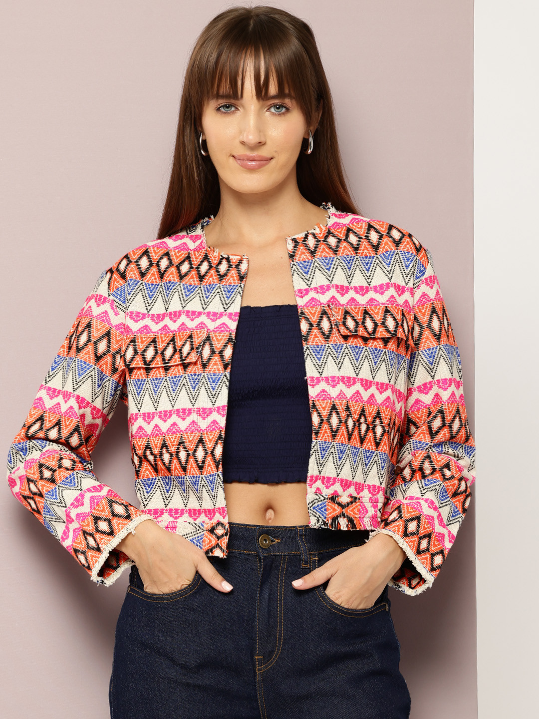 

aaliya Lightweight Crop Open Front Jacket, Multi
