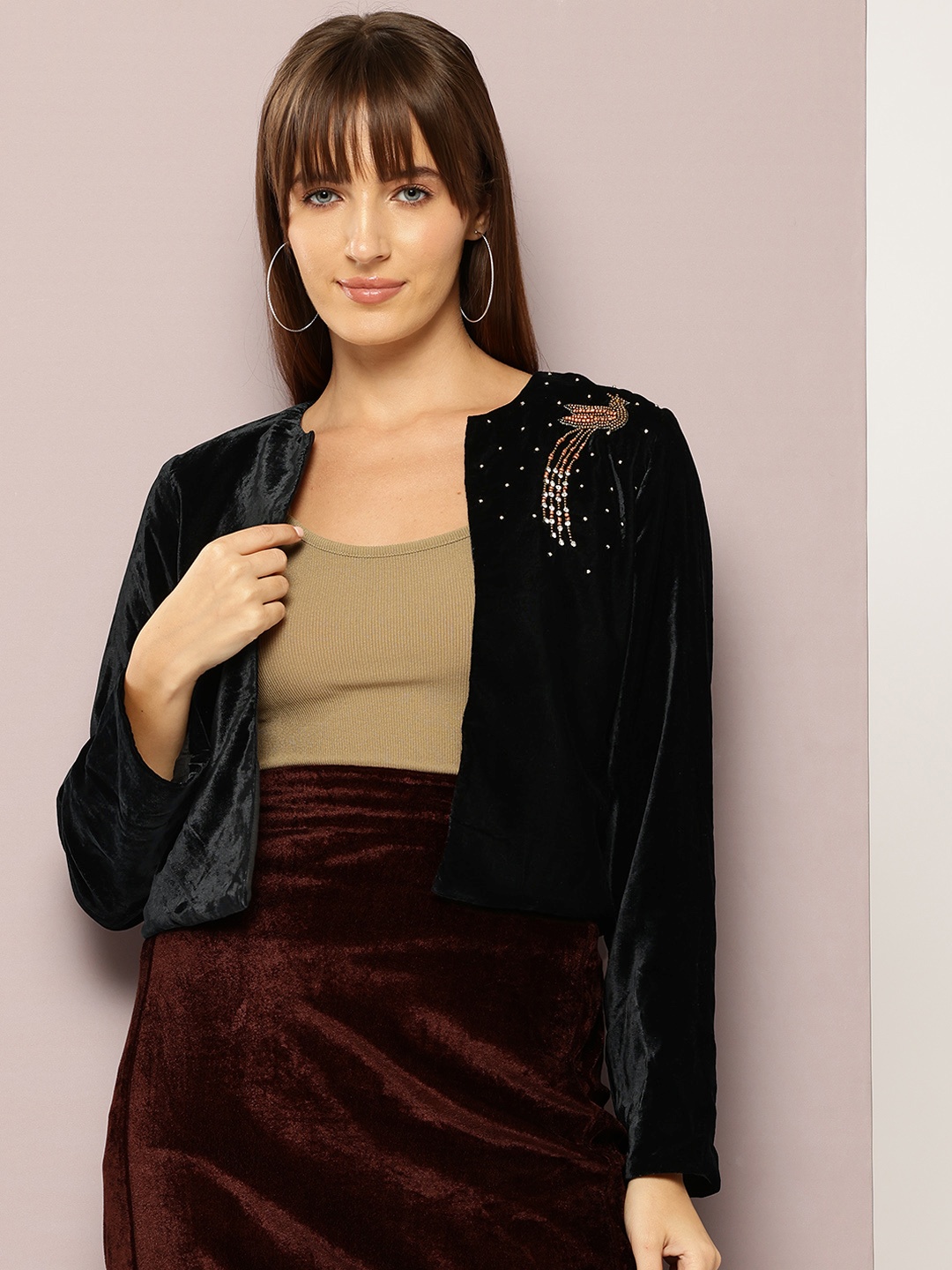 

aaliya Lightweight Crop Open Front Jacket with Embellished Detail, Black