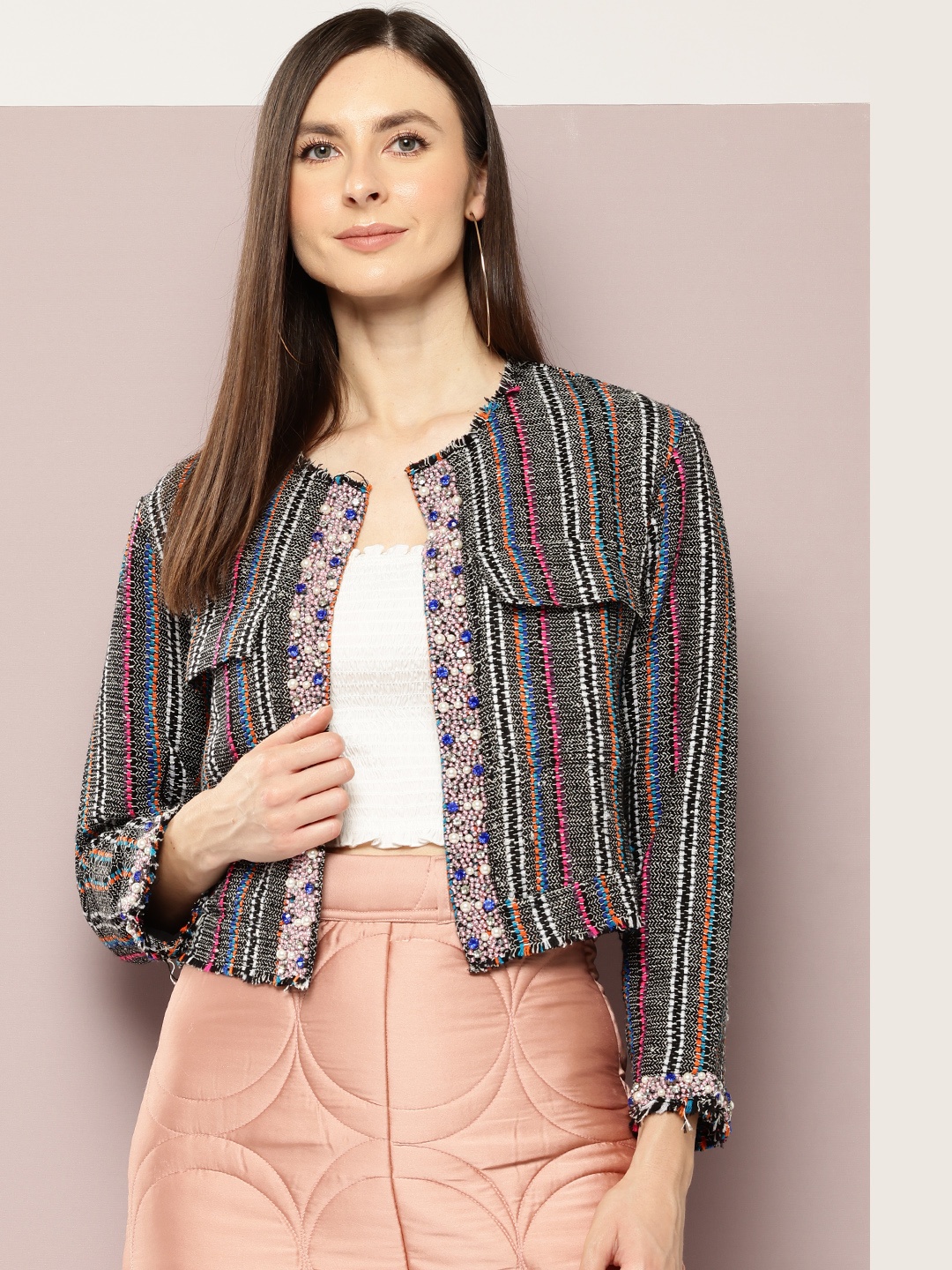 

aaliya Lightweight Crop Open Front Jacket with Embellished Detail, Multi