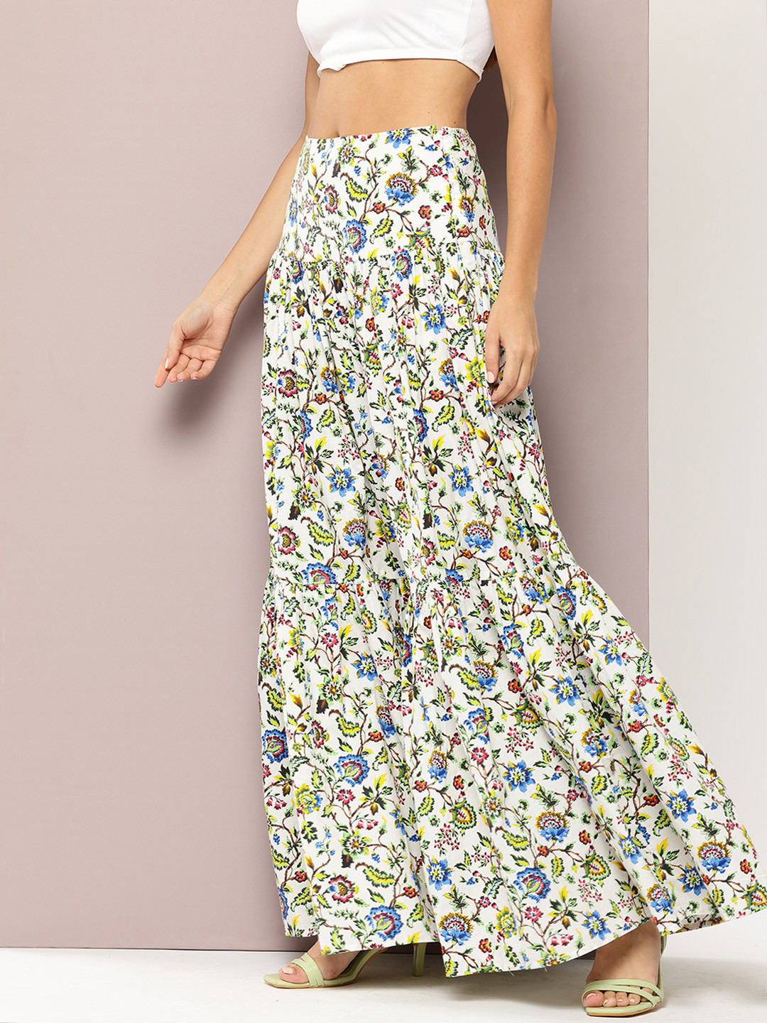 

aaliya Floral Printed A-Line Pure Cotton Maxi Skirt, White