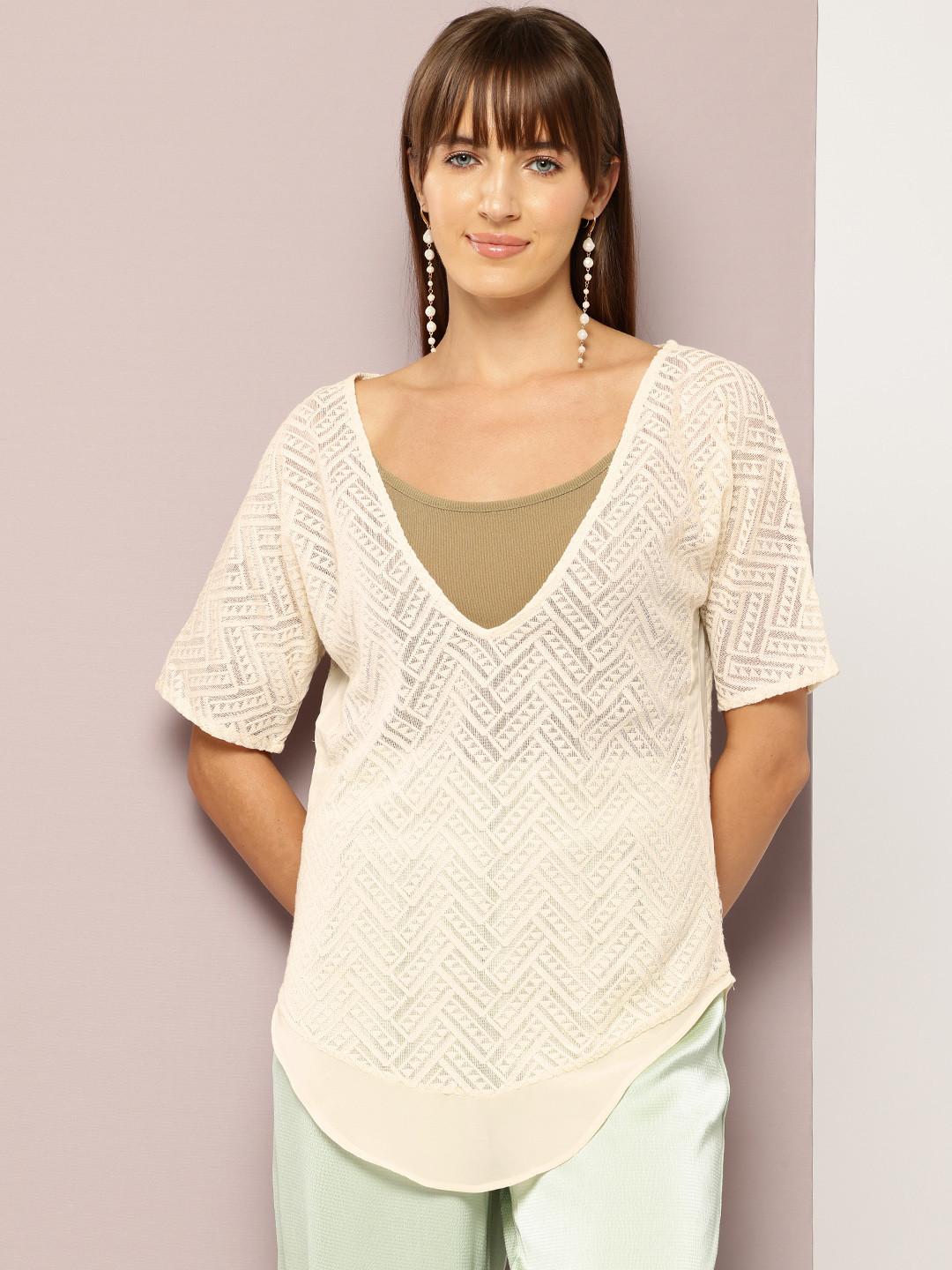

aaliya Geometric Self Design Longline Top, White