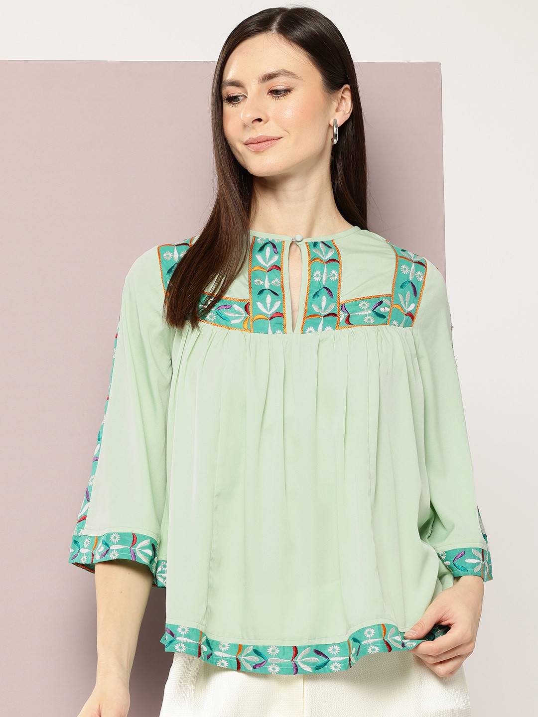 

aaliya Floral Embroidered Keyhole Neck Flared Sleeves Longline Top, Green
