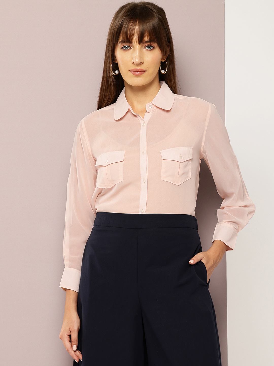 

aaliya Peter Pan Collar Shirt Style Longline Top, Peach