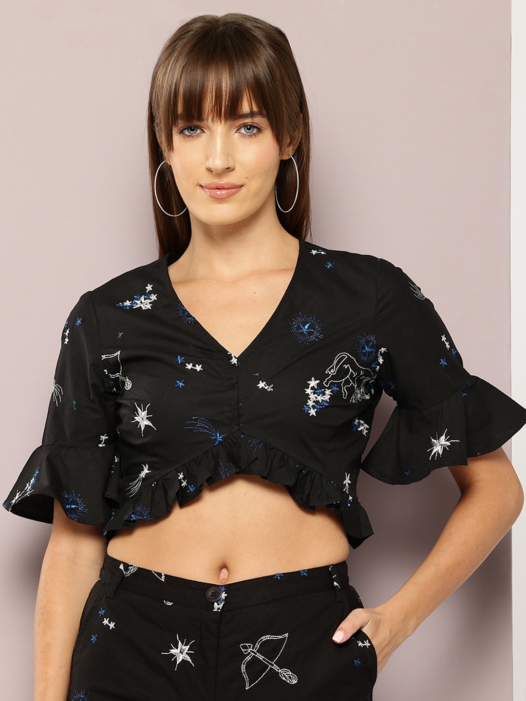 

aaliya Print Bell Sleeves Peplum Crop Top, Black