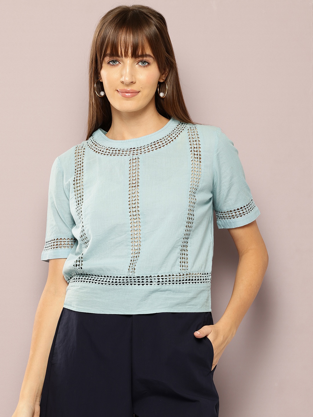 

aaliya Mandarin Collar Cotton Crop Top, Blue